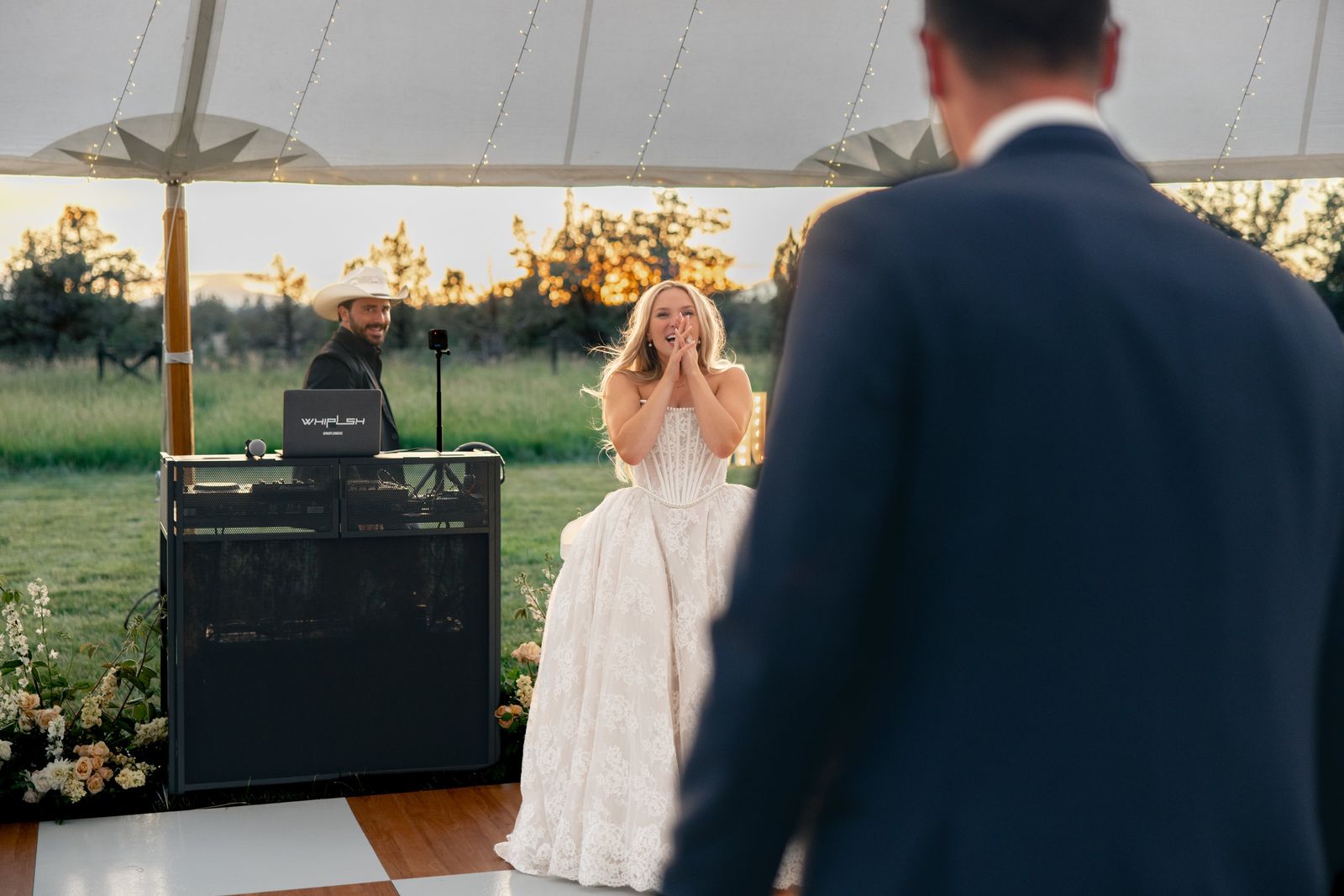 Bride’s reaction as the first dance begins, WHIPLSH at the booth